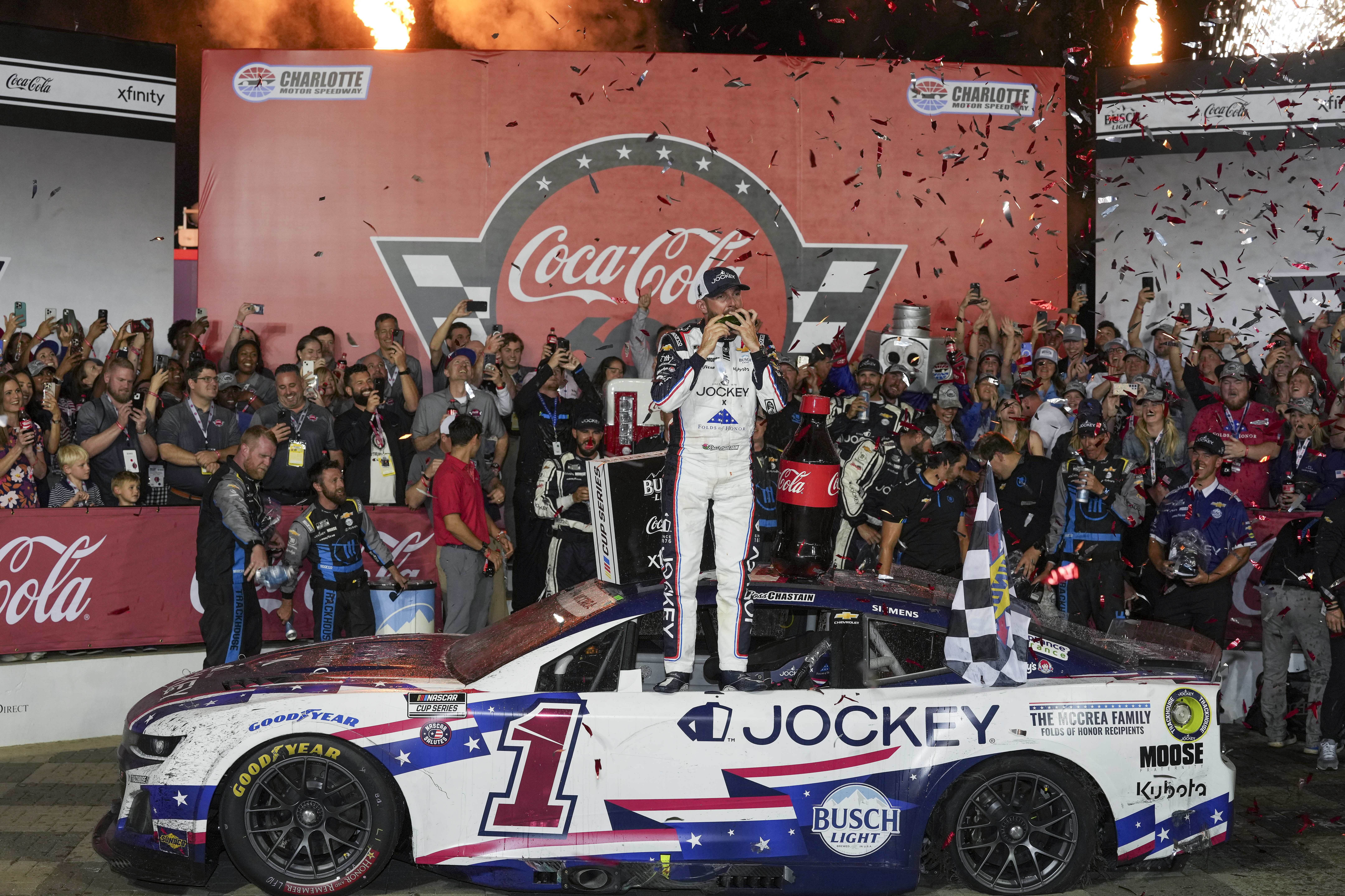 NASCAR Cup Series driver Ross Chastain (1) celebrates his Coca-Cola 600 win. Source: Imagn